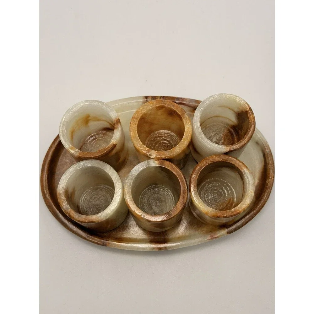 Vintage Banded Onyx Stone Shot Glass Set 6 Tequila Sake Cups w/ 7